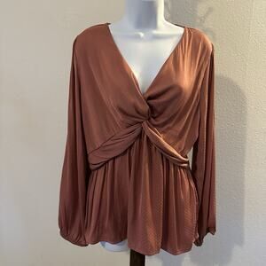 Pleione Women’s XL Dusty Rose Satin Twist Front Peplum Blouse Long Sleeve NWT